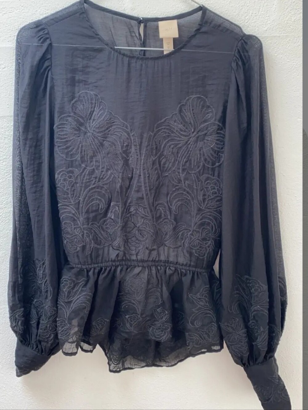 H&M Sheer Romantic Black Embroidered Top With Peekaboo Back And Peplum